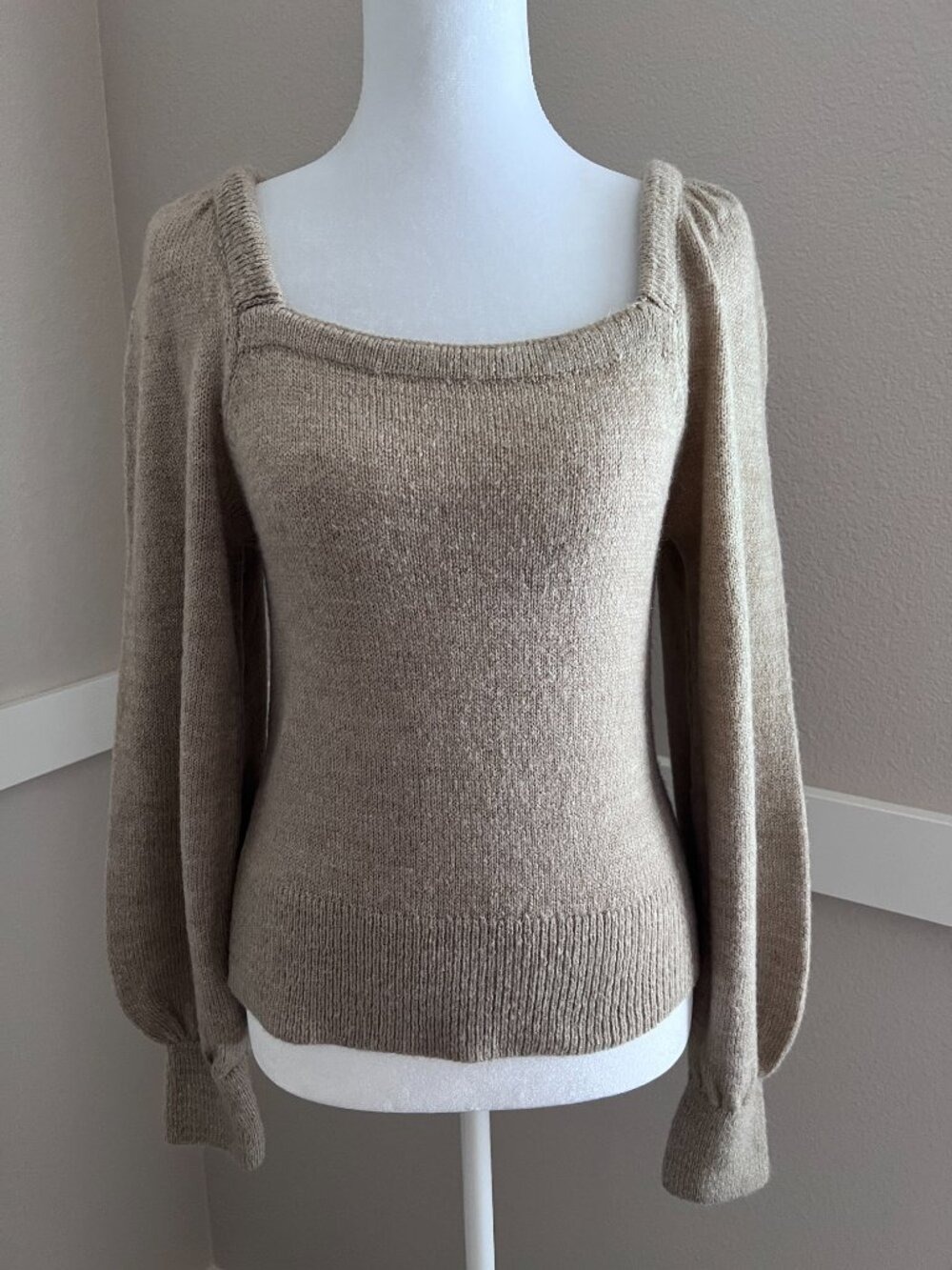 Anthropologie Beige Camel Square Neck Balloon Sleeve Knit Sweater - Size Small
